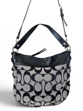 Coach Y2K F14709 Black and Gray Signature C Logo Canvas Leather Shoulder Bag